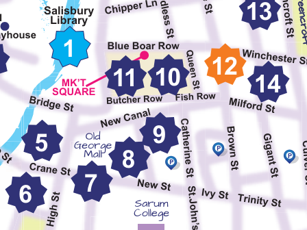 Map of central Salisbury UK showing Venue 10 of Art Trail